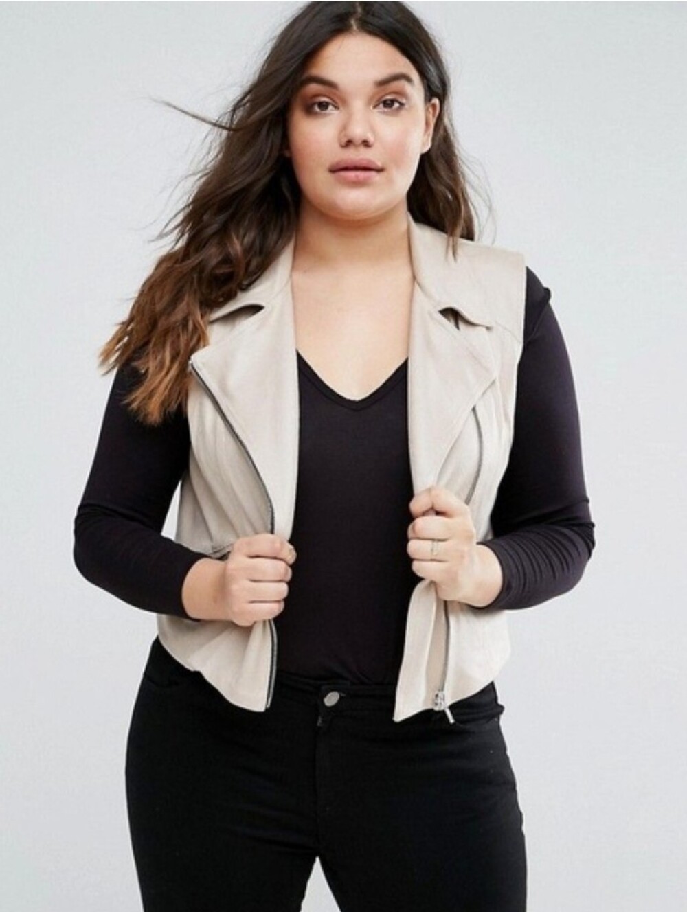 Elvi Beige Sleeveless Moto Vest with Floral Lining